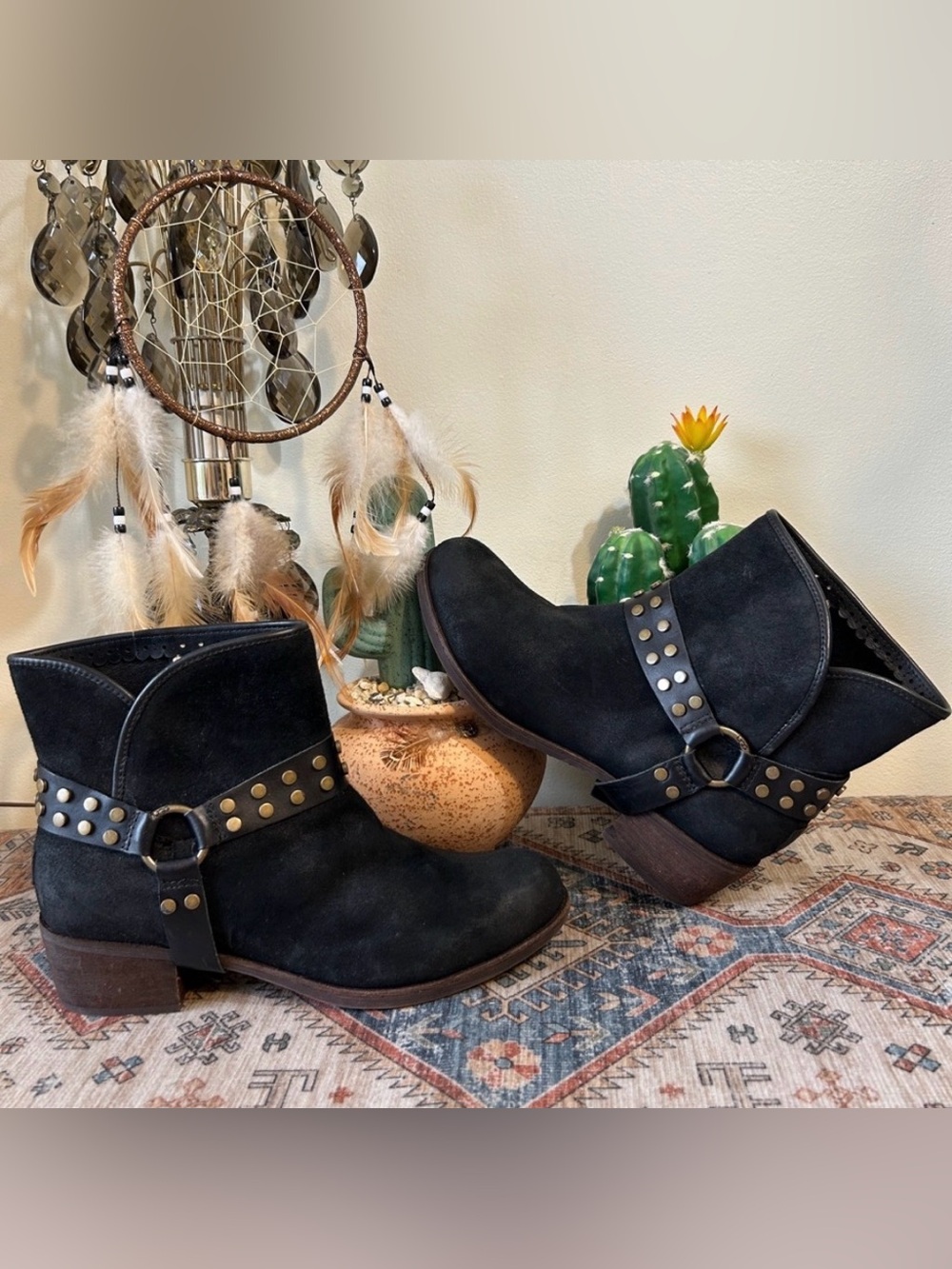 Ugg Darling Black Suede Leather Stud Studded Harness Strap Ankle Boots